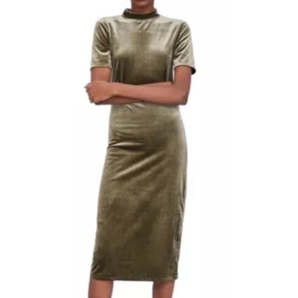 Zara Velvet Mock Neck Bodycon Midi Dress - Olive Green Size M